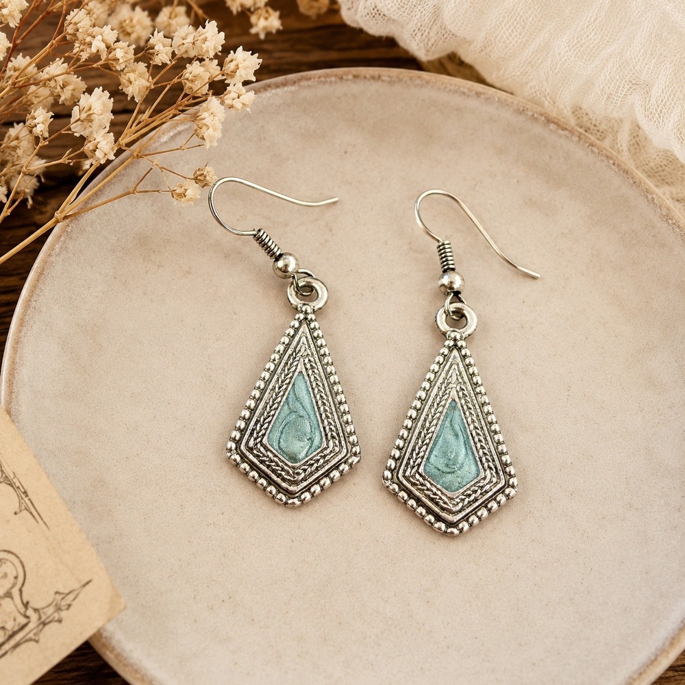 Silver Tone Sage Green Blue Enamel Kite Shape Drop Earrings Boho Textured Dangle